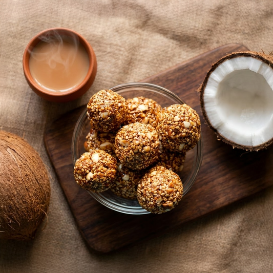 Glass bowl with coconut balls on a wooden board with coconuts and a cup of tea.