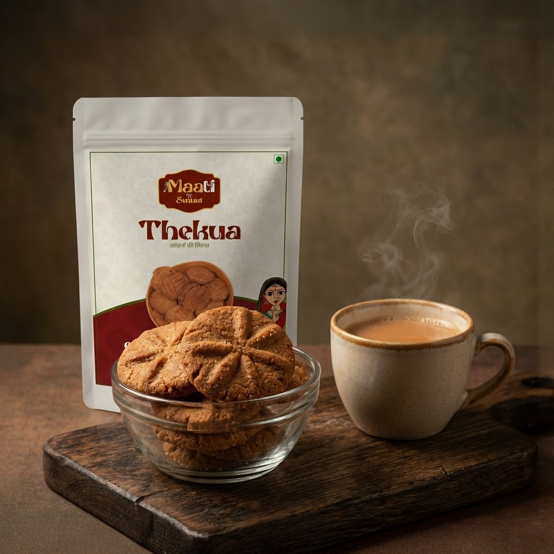 Cookies in a glass bowl with a steaming cup of coffee and a package labeled 'Thekua' on a wooden surface.