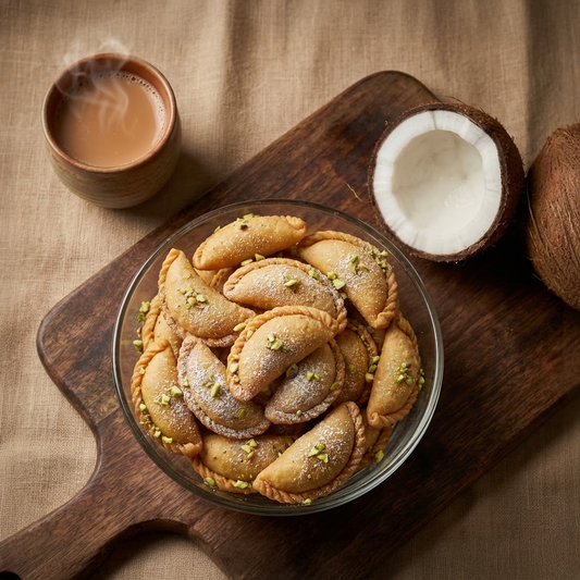 Dessert with pastries in a glass dish on a wooden board, accompanied by a cup of coffee and a coconut.